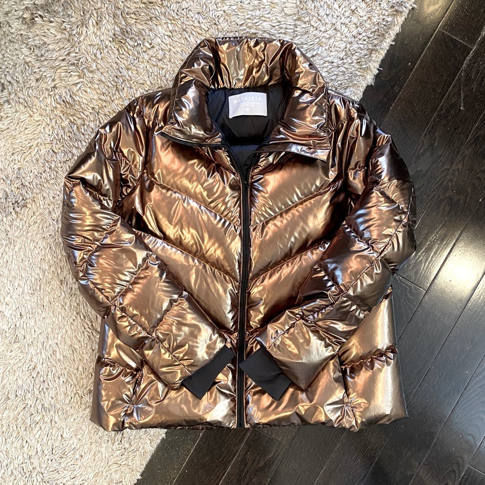 ATHLETA Metallic copper puffer coat